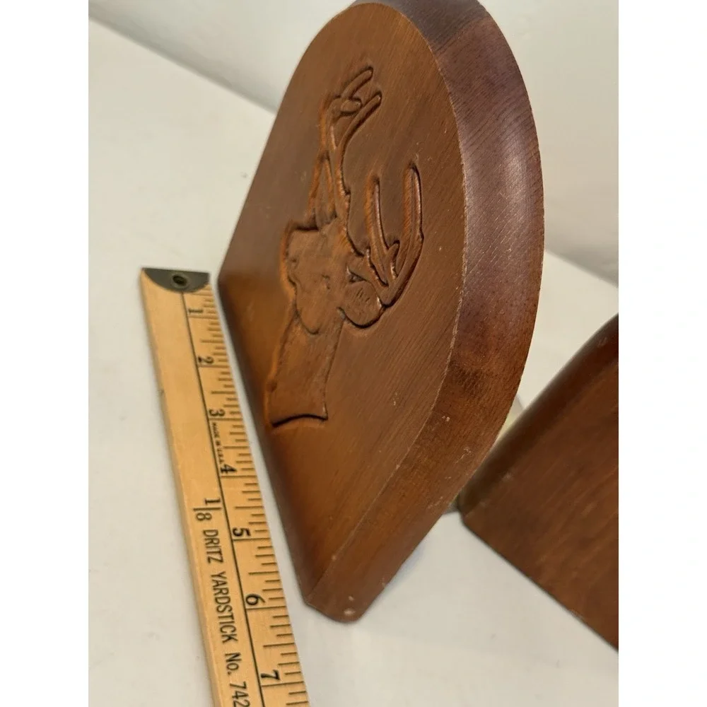 Vintage Pair of Bookends Engraved Wood Deer Stag Head Bookends Rustic Decor